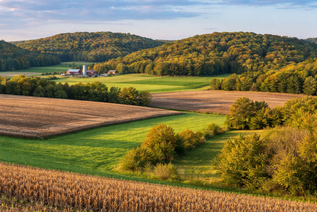 Farmland and wooded hills deer habitat near Mayville, WI in Dodge County