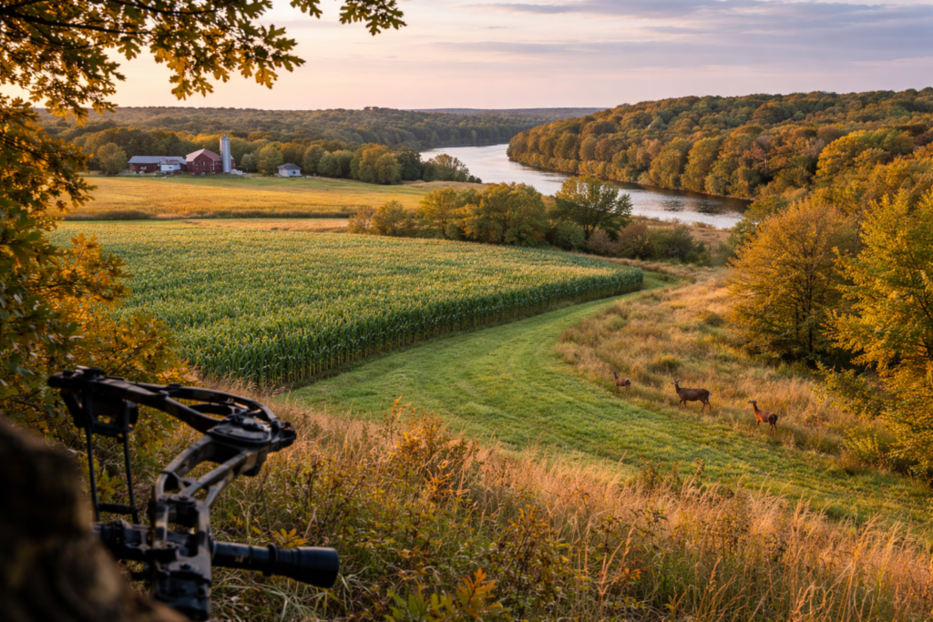 Deer hunting farmland and river bottom terrain near Princeton, WI in Green Lake County