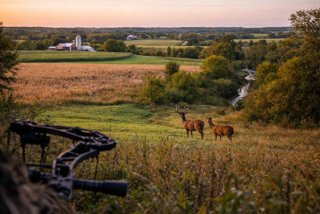 Deer hunting farmland with creek and wooded terrain near Ripon, WI
