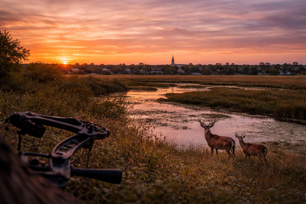 Deer hunting near Waupun WI with marsh and farmland habitat at sunset