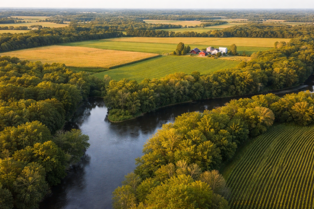 Aerial view of farmland and Fox River landscape near Berlin, WI deer recovery area
